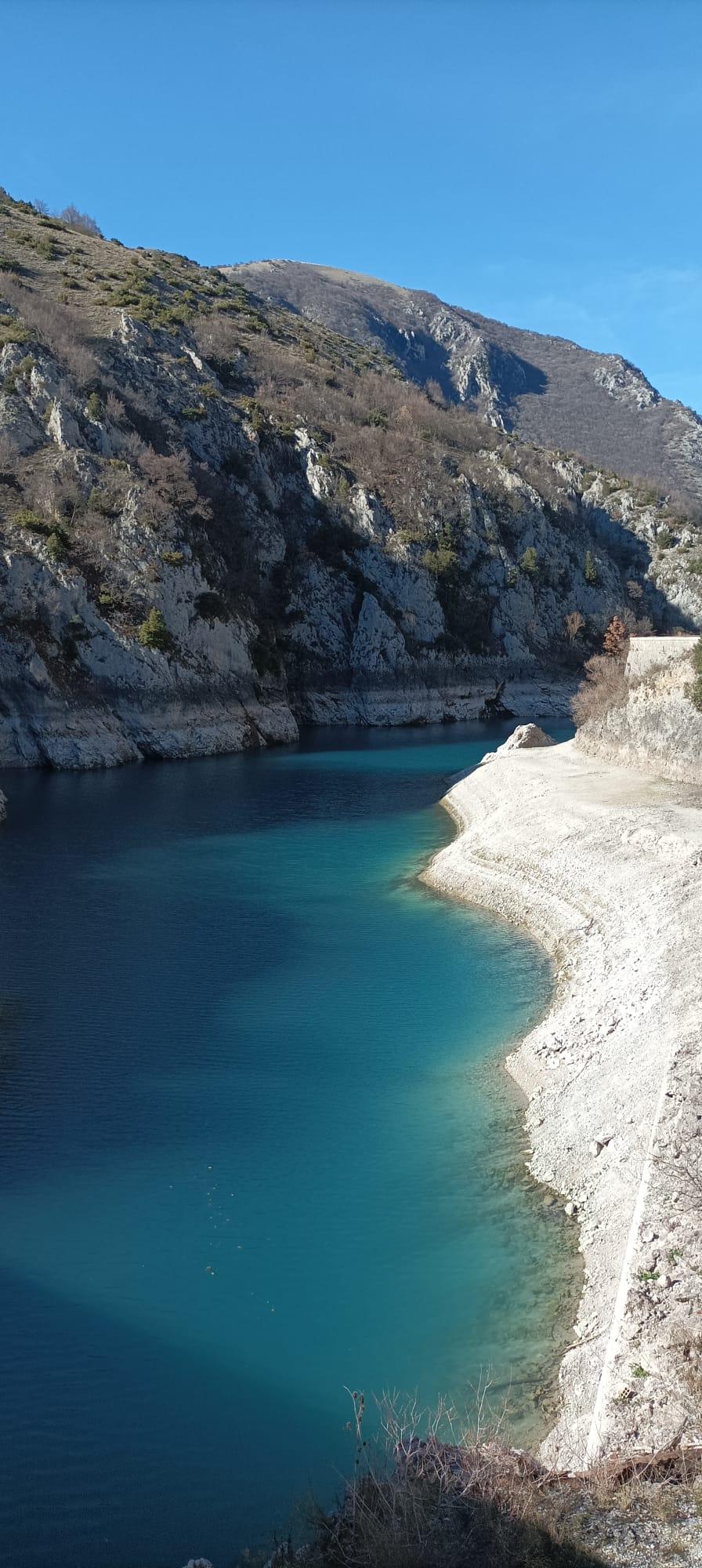 Blue waters of the artificial lake near Villalago, Sagittario gorge, Abruzzo